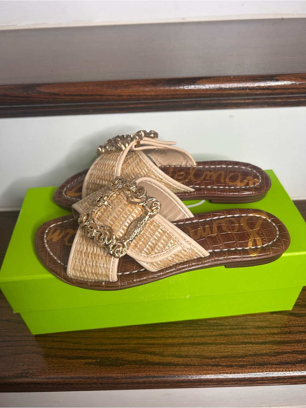 Sam Edelman Gracyn Woven Natural Crossband Slide Sandal with Gold Buckle, 5M - Picture 8 of 15